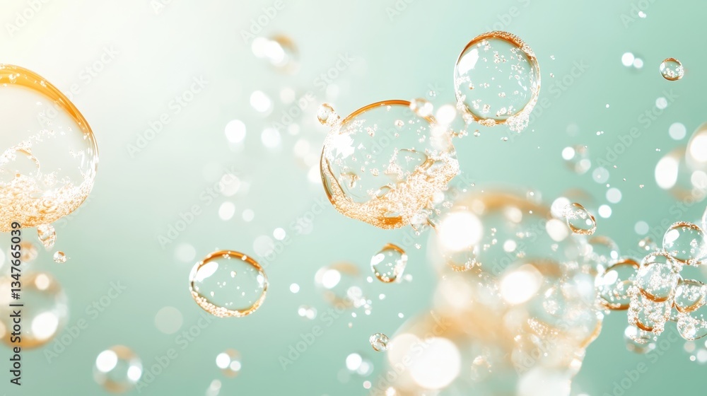 Poster luminous golden bubbles varying in size, sparkling against soft green backdrop, generating delicate,