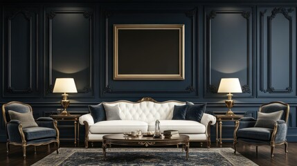 Elegant living room with white sofa, dark blue walls, and gold accents.