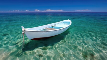 Naklejka premium Tranquil white boat on crystal clear turquoise water