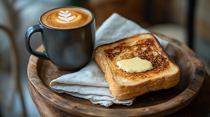A realistic high-resolution breakfast shot featuring a warm buttered toast resting on a rustic wooden plate, a bold espresso in a sleek ceramic mug,