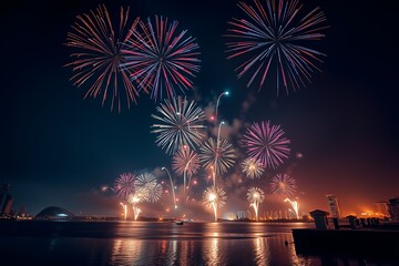Fototapeta premium Spectacular Fireworks Display Over City Skyline Reflecting on Water During Festive Celebration