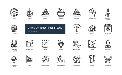 dragon boat festival asian festival decoration  oriental culture outline line icon set