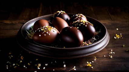 A bowl of chocolate easter eggs on a wooden table.