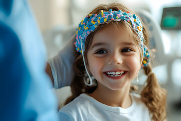 Smiling little girl with eeg electrodes cap during medical examination happy