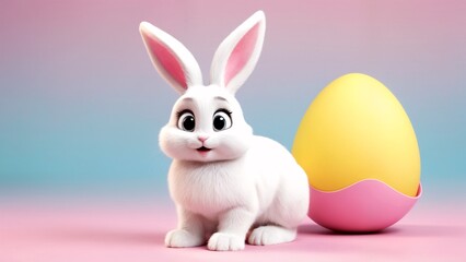 Obraz premium A white rabbit sitting next to a pink and yellow egg.