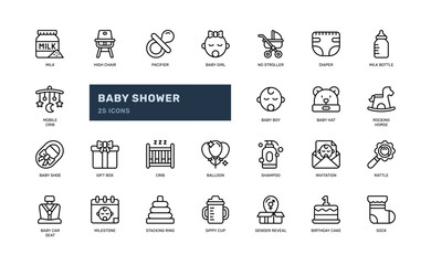 Baby shower newborn party celebration nursery gender reveal party outline line icon set