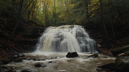Obraz premium Upper Catawba Falls cascades down moss-covered rocks, its gentle flow creating a serene and picturesque scene within the lush forest. 