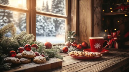 Fototapeta premium Cozy Christmas Window Scene With Cookies And Hot Drink