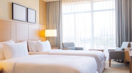 Soft white linens adorning twin beds, spacious hotel room bathed in warm lamplight, large window casting gentle illumination across minimalist, serene interior design