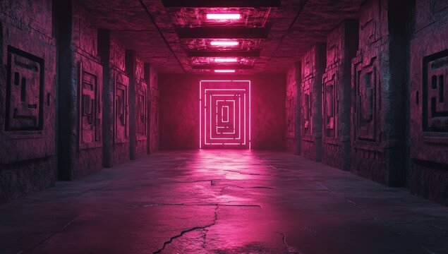 A 3D render of an abstract maze with a red color scheme contains no human figures