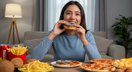 Woman Enjoying Unhealthy Food Pizza, Fries, and Donuts