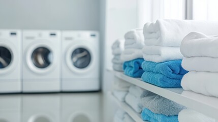 Laundered white towels neatly folded, stacked on shelves with blurred washing machines, presenting organized, clean laundry room interior with minimal aesthetic