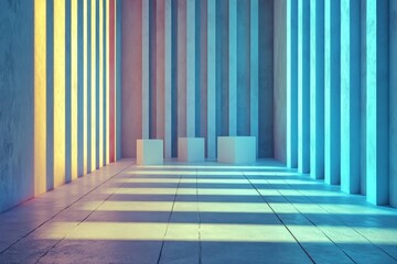 This abstract 3D rendering showcases a combination of vertical lines and square patterns, all presented in blue and white