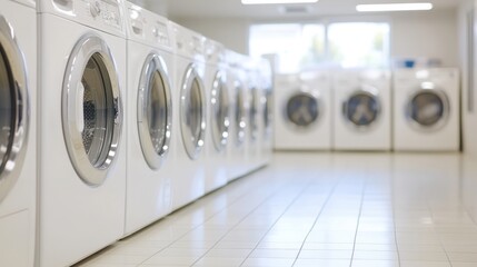 Rows of front loading washers filling modern, well lit laundromat interior, highlighting clean, efficient fabric washing environment for urban dwellers
