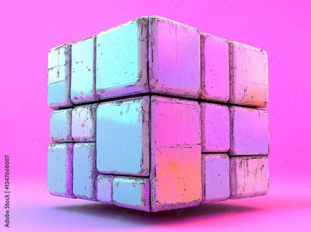 Poster the 3d rendering abstractly illustrates a purple cube bursting apart into particles