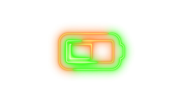 Neon battery helf symbol icon brown green color glowing with transparent background
