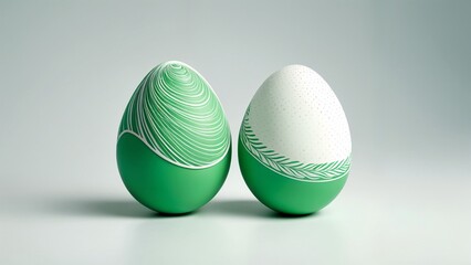 Two green and white eggs sitting side by side on a gray surface.