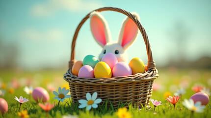 Adorable white bunny with colorful easter eggs in a wicker basket on a flower-filled meadow