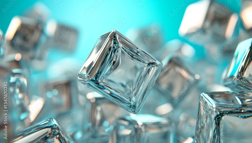 Poster white cubes are shown floating against a sky-themed background in a 3d render