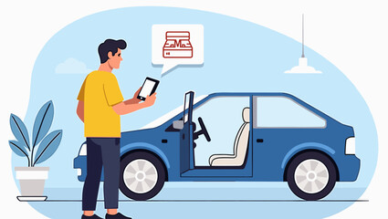 Modern Man Browsing Car Deals Online Using Smartphone App. Future of Auto Sales, Convenient Digital Shopping for Vehicles. Automotive E-commerce and Online Marketplace Innovation.