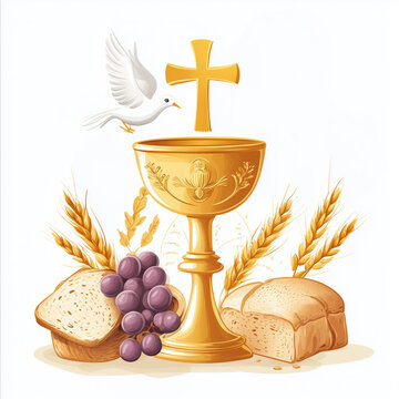 Catholic Eucharist Symbols vector Illustration with Chalice, cross, Bread, Grapes, Wheat, and Holy Spirit Dove on White Background