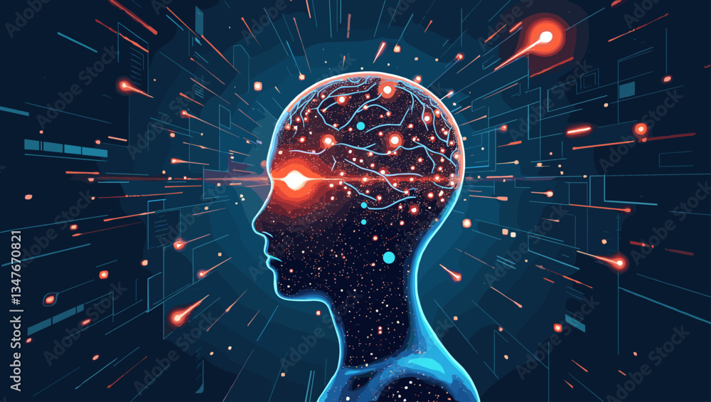 Poster digital consciousness: futuristic head vector with glowing brain, data streams, and abstract technol