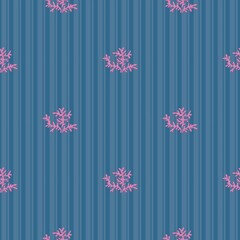 Seamless pattern with hand drawn pink corals on blue stripes. Perfect for textile, fabric, wrapping, home decoration, bedding, beauty product packaging, backdrop, wall hanging, clothing, swimwear