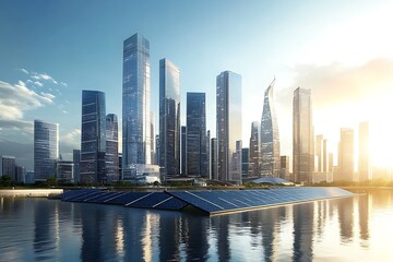 Fototapeta premium Walk into a dazzling next-gen metropolis where sleek towers capture solar glow with panels, unlocking infinite power prospects. 