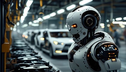 Fototapeta premium Robot stands in futuristic auto manufacturing facility observing vehicles being assembled