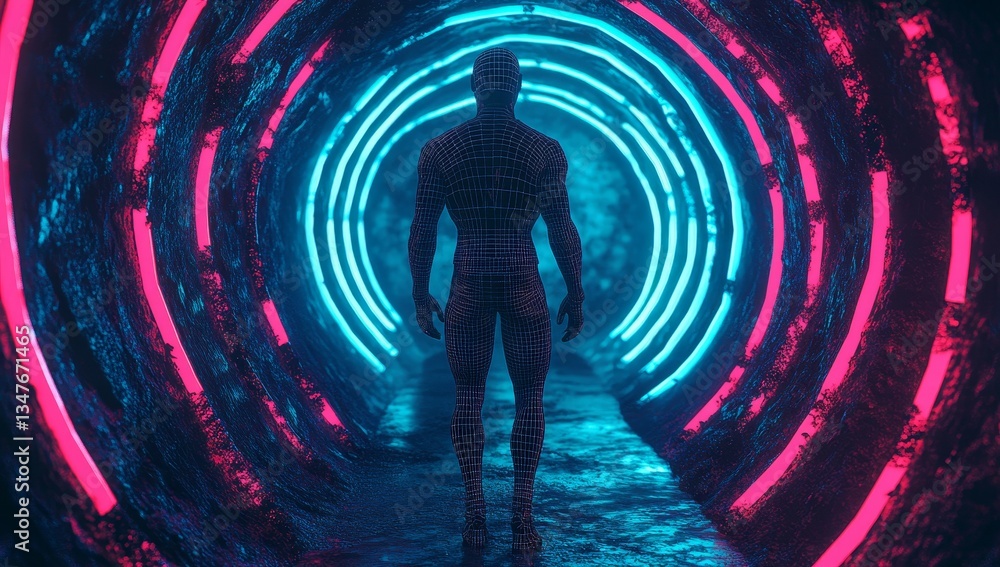 Poster digital lines are visible on a blue human figure in the form of a 3d hologram render