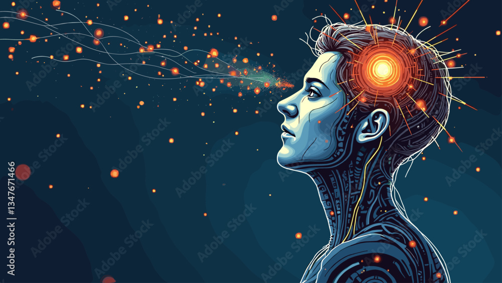 Poster futuristic humanoid thinking: ai brain connection with technology - cerebral data flow, neural netwo