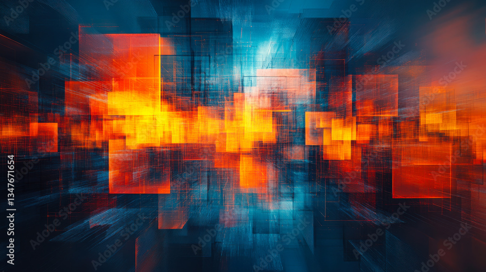 Poster abstract composition featuring vibrant colors and dynamic shapes in a digital space during twilight 