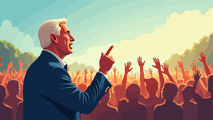 Animated Politician Delivering Powerful Speech to an Adoring Crowd in a Vibrant Outdoor Setting, Vector Graphic for Political Campaigns and Civic Engagement