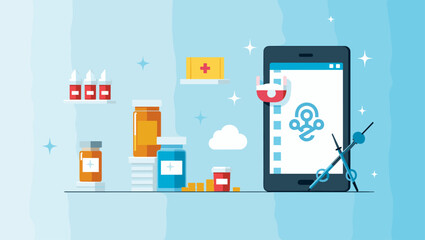 Obraz premium Digital Pharmacy: Mobile App for Ordering Prescription Medication & Health Supplies - Vector Illustration of Modern Telemedicine Service with Pills, First Aid Kit