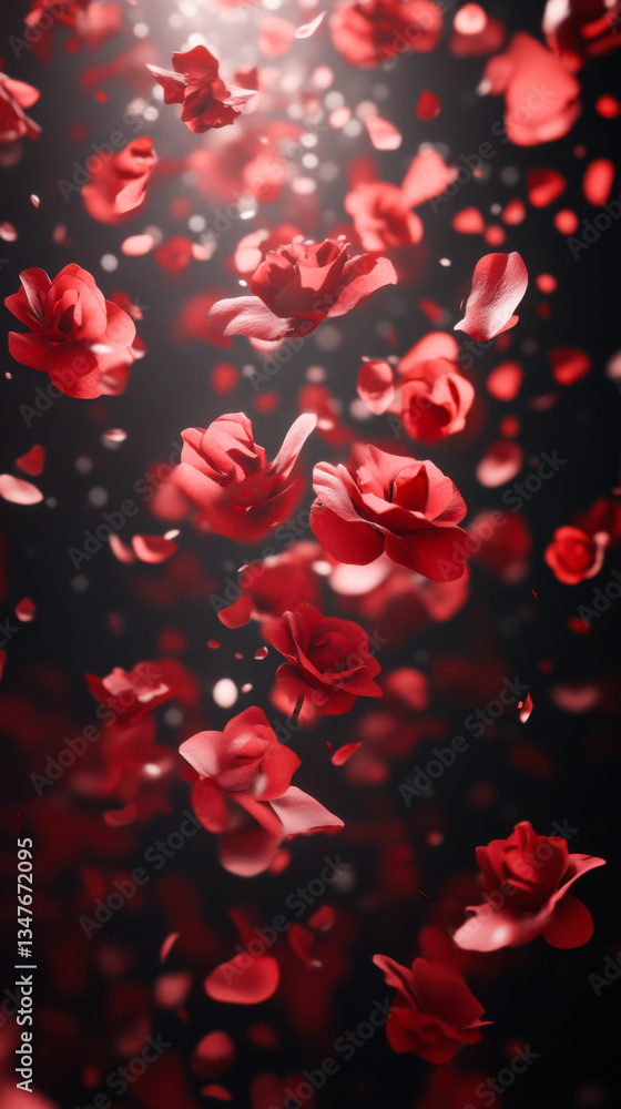 Poster beautiful red roses gently falling against a dark background create a romantic and enchanting atmosp
