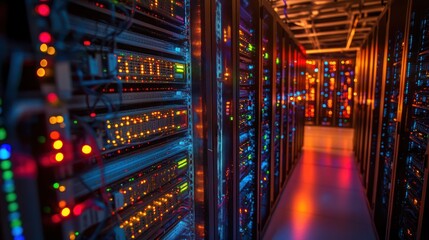Naklejka premium Server Rack Room Interior, illuminated by colorful lights. Showing a hallway of server racks, network cables, and lights. Potential use for technology articles, or server room documentation