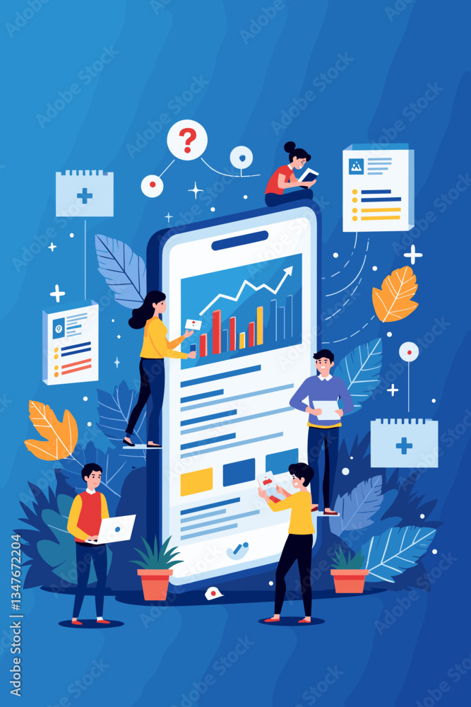 Poster vibrant team optimizing mobile website seo and data analysis, driving growth and insights, a dynamic