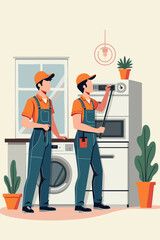 Cheerful Appliance Repair Service Vector: Skilled Technicians Fixing Washing Machines & Ovens for Homeowners in Modern Kitchens. Maintenance, Installation & Home Improvement Concept.