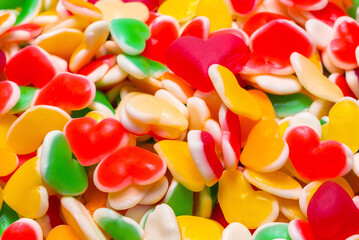 Juicy colorful jelly sweets. Gummy candies. Hearts.