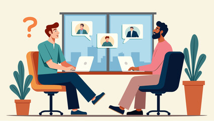 Fototapeta premium Two Businessmen Facing Challenges of Hybrid Work With Video Conferencing and Puzzled By Remote Collaboration, Office Setting With Question Mark, Illustration, Vector