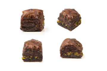 Turkish chocolate baklava isolated on white background.