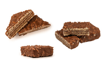 Chocolate coconut wafer bar isolated on white background.