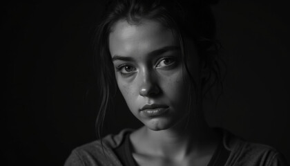Black and white portrait of a depressed woman with intense eyes, conveying deep emotions and depression.  
