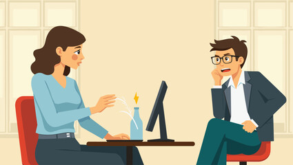 Office Misconduct: Anxious Businessman Receiving Cold Shoulder from Female Colleague, Unwanted Attention, Subtle Harassment, Power Imbalance, Workplace Dynamics Vector