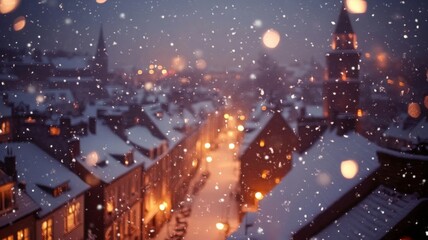 Snowfall over a charming snow covered town at night