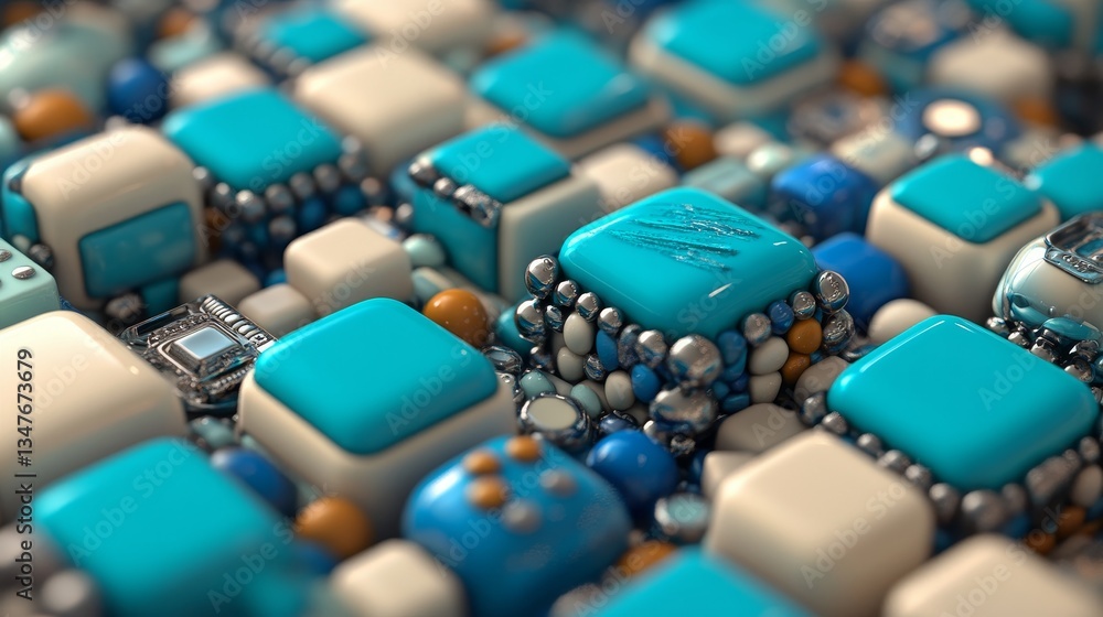 Poster the background is a 3d block design with multicolored elements, set against a tech wallpaper featuri