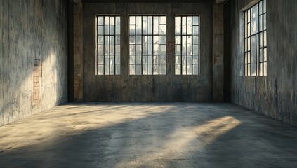 A 3D render illustrates a modern, empty industrial space that has a concrete interior design