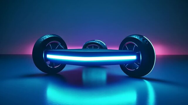 Futuristic hoverboard illuminated by neon lights on a sleek surface