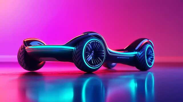 Futuristic hoverboard illuminated by vibrant neon lights on a sleek surface