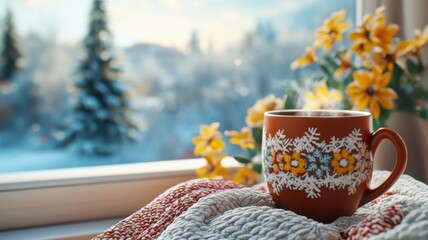 Warm Winter Drink Beside Snowy View